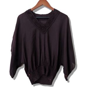 Drapey brown boho blouse | crochet collar | NWOT